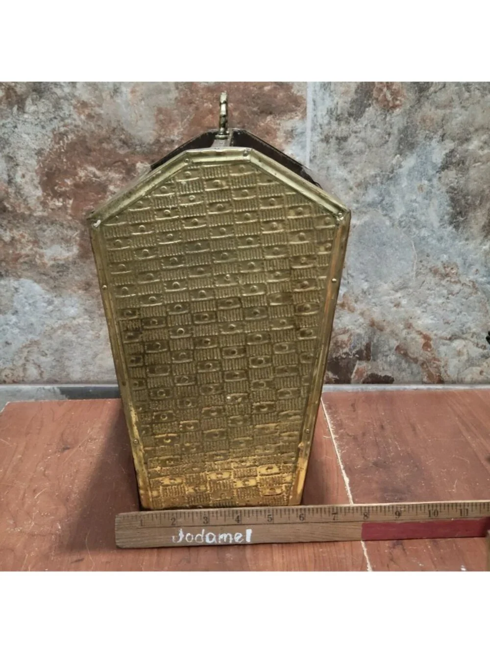 Antique Embossed Brass Fireplace Coal Box Magazine Bin Sailing Ships Vintage
